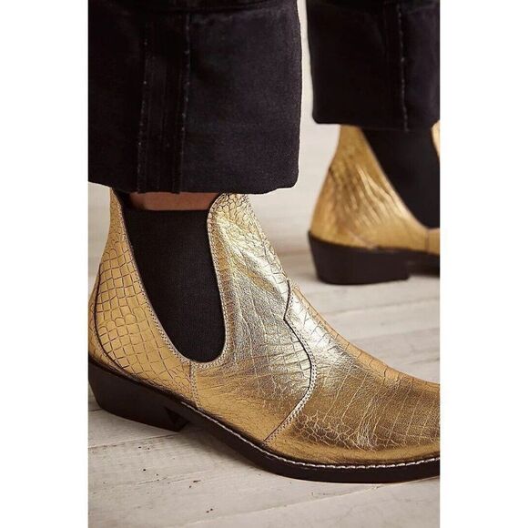 NEW FREE PEOPLE BEAU WESTERN ANKLE BOOT IN METALLIC GOLD